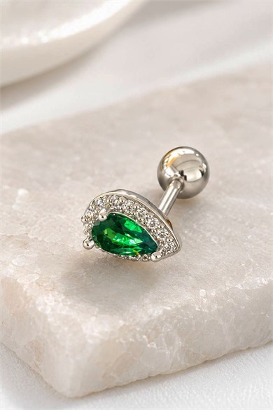Gümüş Renk Taşlı Cerrahi Çelik Tragus/Kıkırdak Küpe/Piercing (Tek)