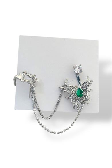 Gümüş Renk Kelebek Figürlü Taş Detaylı İkili Ear Cuff Küpe Set
