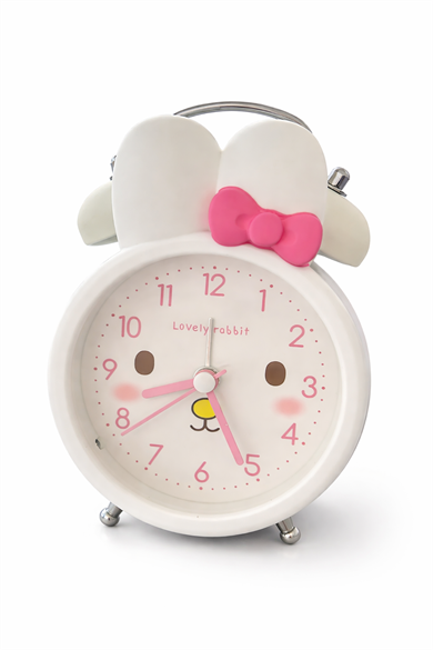 Beyaz Renk Tavşan Figürlü Mini Dekoratif Işıklı Alarmlı Yuvarlak Masa Saati