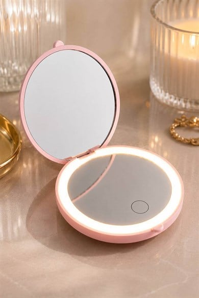 Pembe Renk Işıklı Makyaj Aynası/ Cep Ayna
