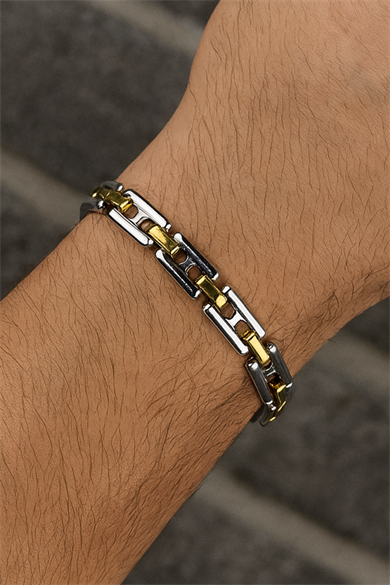 Gümüş Ve Altın Renk Zincir Detaylı Çelik Erkek Bileklik