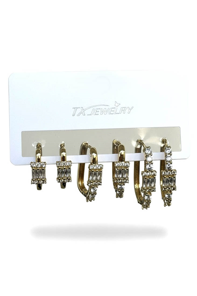 Altın Renk 6lı Taş Detaylı TX 14K Altın Kaplama Küpe Set 