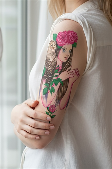 Geçici Kadın, Gül ve Baykuş Dövme Tattoo