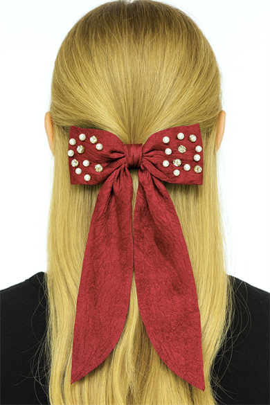 Kırmızı Renk Kurdele Figürlü İnci Ve Taş Detaylı Otomat Toka