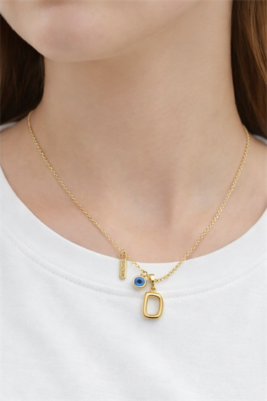 Altın Renk D Harfli Nazar Boncuk Detaylı Çelik Kolye