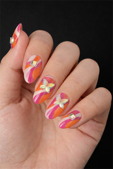 24lü Turuncu Ve Pembe Renk Jel Görünümlü Takma Tırnak (Yapıştırıcılı)