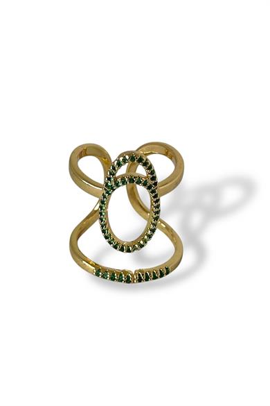 Altın Renk Yeşil Taş Detaylı Ayarlanabilir Çelik Yüzük