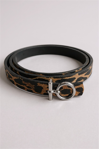 Gümüş Renk Leopar Desenli Kadın Deri Kemer