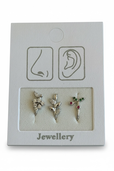 Gümüş Renk Karışık Figürlü Deliksiz Kulak/Burun 3lü Piercing Set