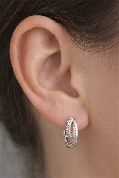 Gümüş Renk Taşlı 14K Altın Kaplama Tx Halka Küpe (Çift)