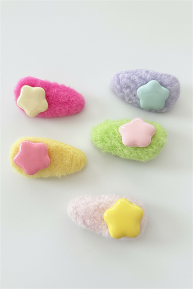 5li Karışık Renk Yıldız Figürlü Peluş Yan Toka Set