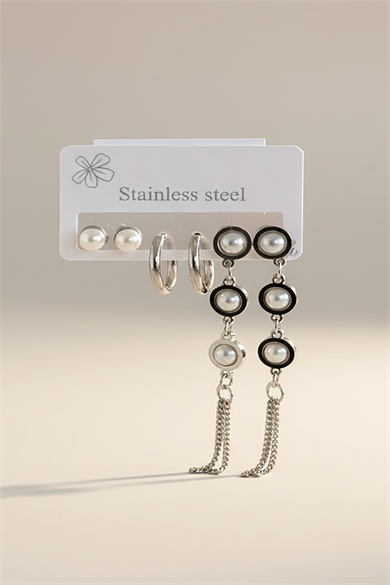 Gümüş Renk 6lı Karışık Figürlü Sallantılı Çelik Küpe Set