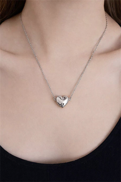 Gümüş Renk İkiye Ayrılan Mıknatıslı Kalp Figürlü Çelik Kolye