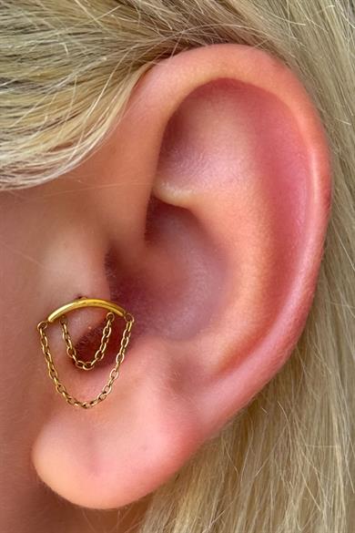 Altın Renk Zincir Detaylı Çelik Tragus/Kıkırdak Küpe/Piercing (Tek)