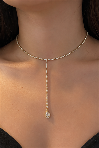Altın Renk Taş Detaylı 14K Altın Kaplama Vip Choker Kolye