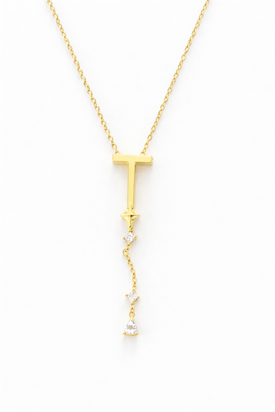 Altın Renk T Harfli Taş Detaylı Çelik Kolye