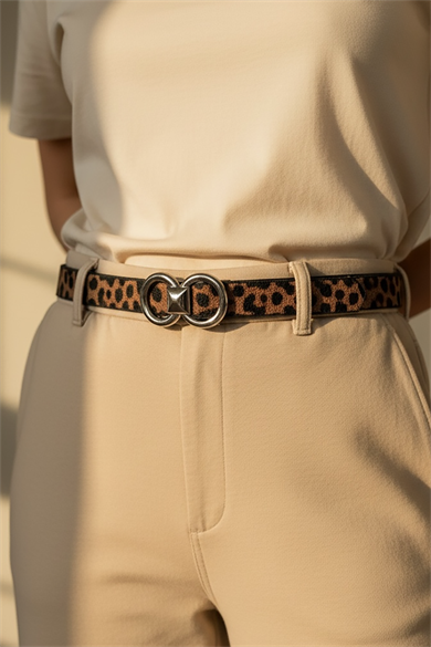 Gümüş Renk Leopar Desenli Kadın Deri Kemer