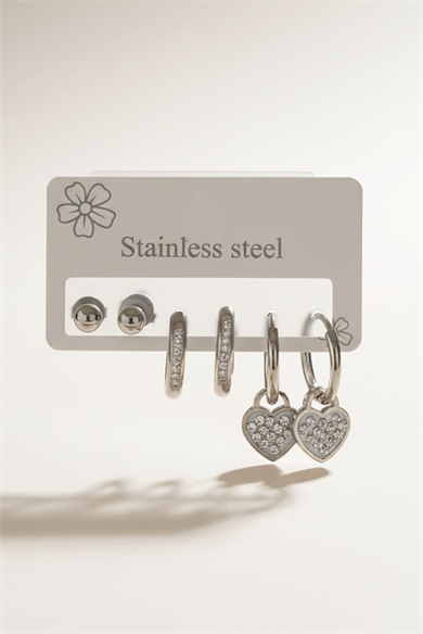 6lı Gümüş Renk Taş Detaylı Çelik Küpe Set