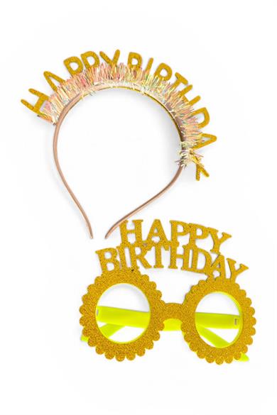 Altın Renk Happy Birthday Yazılı Taç Ve Gözlük