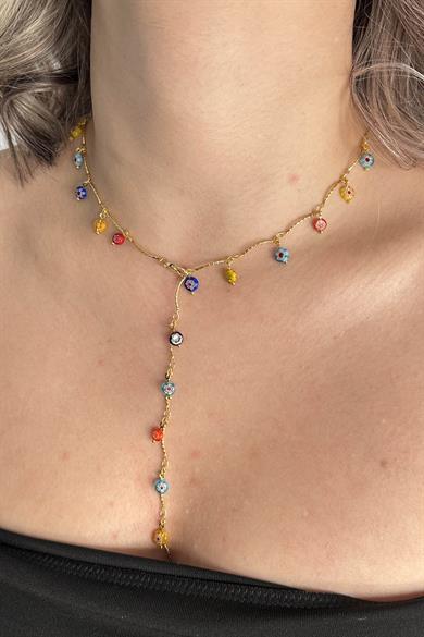 Altın Renk Boncuk Detaylı Çelik Y Kolye