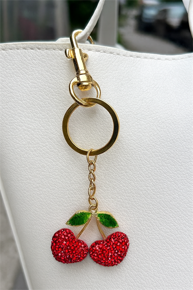 Altın Ve Kırmızı Renk Kiraz Figürlü Taş Detaylı Çanta Charm/ Anahtarlık