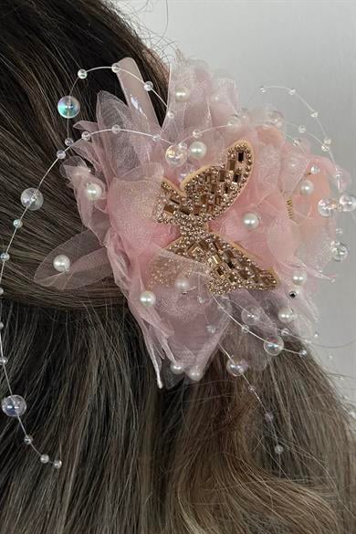 Pembe Renk Kelebek Figürlü İnci Detaylı Mandal  Toka