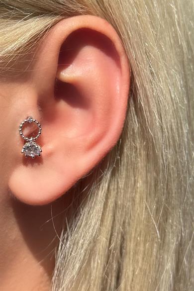 Gümüş Renk Taş Detaylı Çelik Tragus/Kıkırdak Küpe/Piercing (Tek)