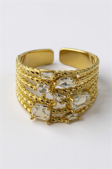 Altın Renk Taş Detaylı Ayarlanabilir Çelik Yüzük