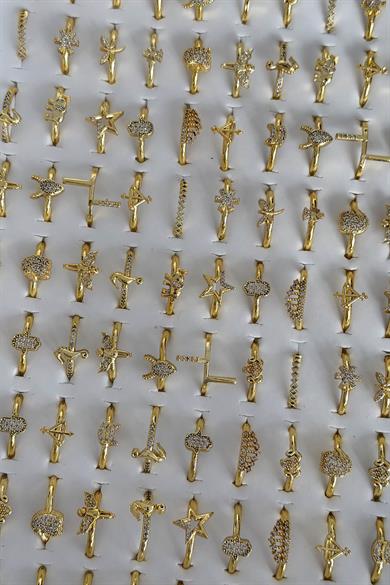100lü Altın Renk Karışık Figürlü Ayarlanabilir Yüzük Set