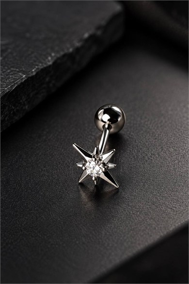 Gümüş Renk Taşlı Cerrahi Çelik Tragus/Kıkırdak Küpe/Piercing (Tek)