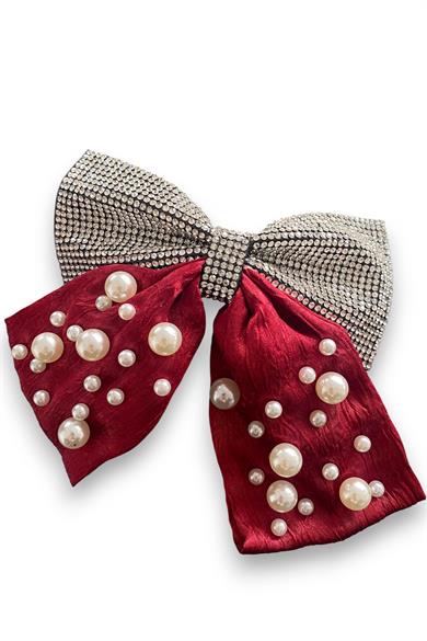 Bordo Renk Kurdele Figürlü İnci Ve Taş Detaylı Otomat Toka