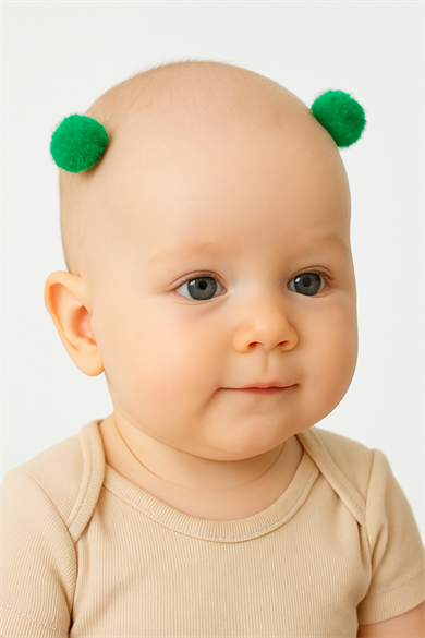 2li Yeşil Renk Ponponlu Saçsız Bebek Tokası