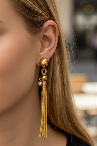 Altın Renk Taş Detaylı Sallantılı Çelik Küpe (Çift)