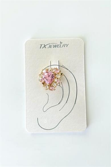 Altın Renk Kalp Figürlü Taş Detaylı 14K Altın Kaplama TX Ear Cuff (Tek)