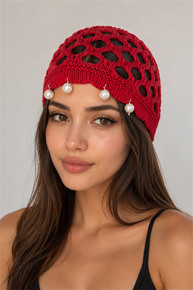 Kırmızı Renk İnci Detaylı Örgü Saç Bandana