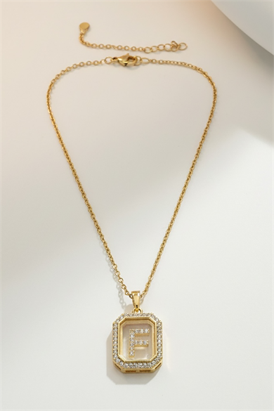 Altın Renk F Harf Taş Detaylı Çelik Kolye