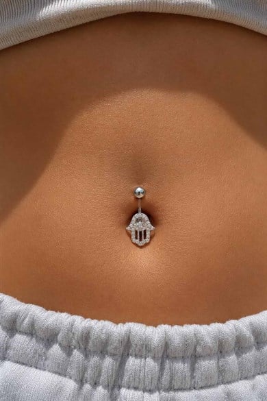 Gümüş Renk Fatma Ana Eli Figürlü Taşlı Cerrahi Çelik Göbek Piercing