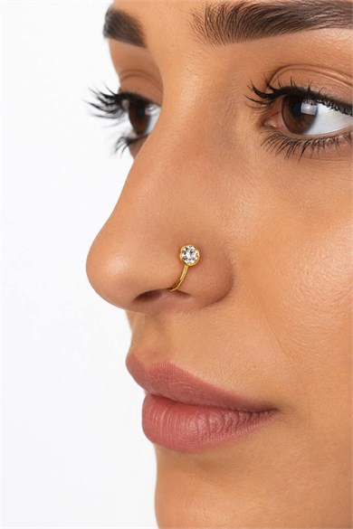 Altın Renk Taş Detaylı Cerrahi Çelik Deliksiz Kulak/Burun Piercing 