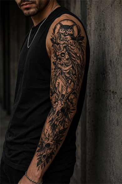 Baykuş Ve Kurukafa Geçici Dövme Tattoo
