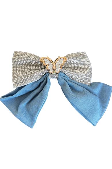 Mavi Renk Kelebek Figürlü Taş Detaylı Kurdele Otomat Toka