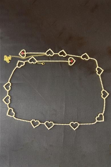 Altın Renk Kalp Figürlü Taş Detaylı Tasarım Bel Zinciri/Vücut Aksesuar