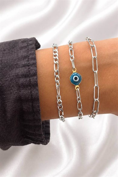 Gümüş   Renk  Zincir Detaylı 3lü Bileklik Set