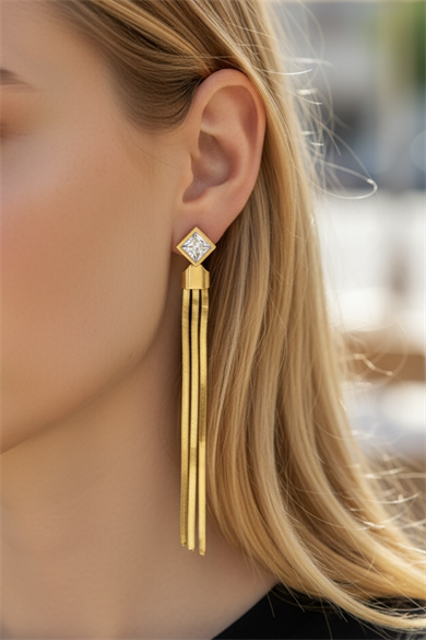 Altın Renk Taş Detaylı Sallantılı Çelik Küpe (Çift)