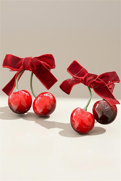 2li Kırmızı Renk Figürlü Kiraz Detaylı Kadife Yan Toka
