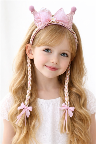 Pembe Renk Kurdele Figürlü Örgü Detaylı Çocuk Taç