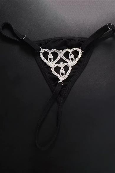 Siyah Renk Kalp Figürlü Taş Detaylı Tanga