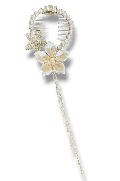 Altın Renk Çiçek Figürlü İnci Ve Taş Detaylı Topuz Toka