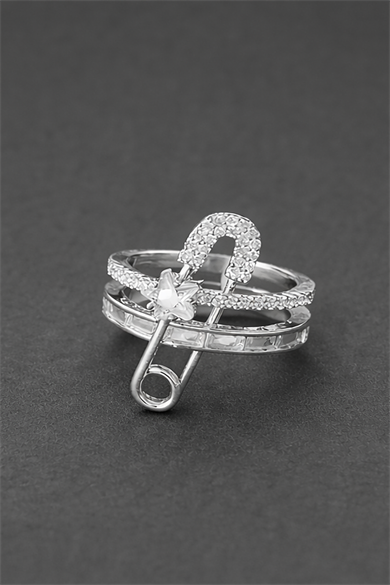 Gümüş Renk Kilitli İğne Figürlü Ayarlanabilir Yüzük