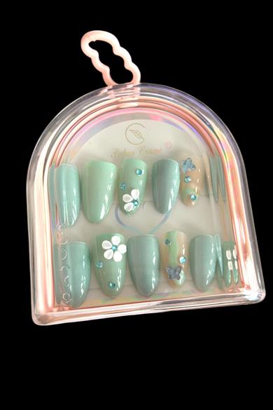 12li Su Yeşil Renk Jel Görünümlü Takma Tırnak (Yapıştırıcılı)