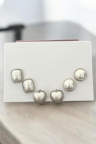 Gümüş Renk Kalp Figürlü İnci Detaylı 6lı Küpe Set